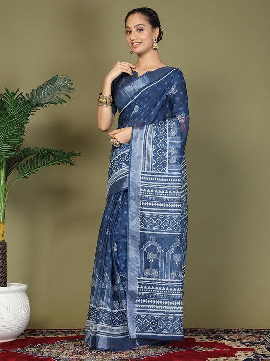 Astita Blue Printed Cotton Comfortable Daily & Office Wear Saree for Women