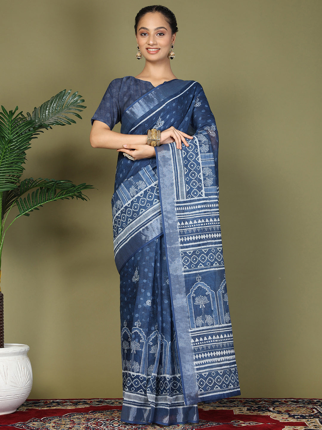 Astita Blue Printed Cotton Comfortable Daily & Office Wear Saree for Women