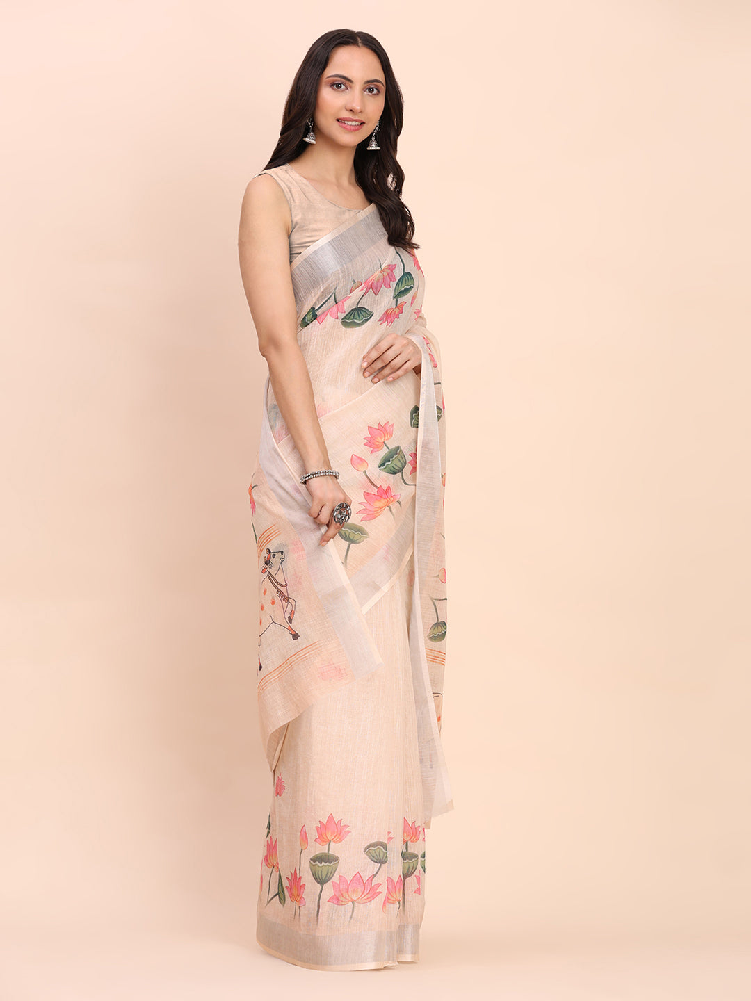 Astita Peach Cotton Cotton Saree with Tribal Floral Print | Bold Ethnic Design | Lightweight Casual & Festive Saree for Women