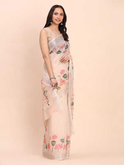 Astita Peach Cotton Cotton Saree with Tribal Floral Print | Bold Ethnic Design | Lightweight Casual & Festive Saree for Women