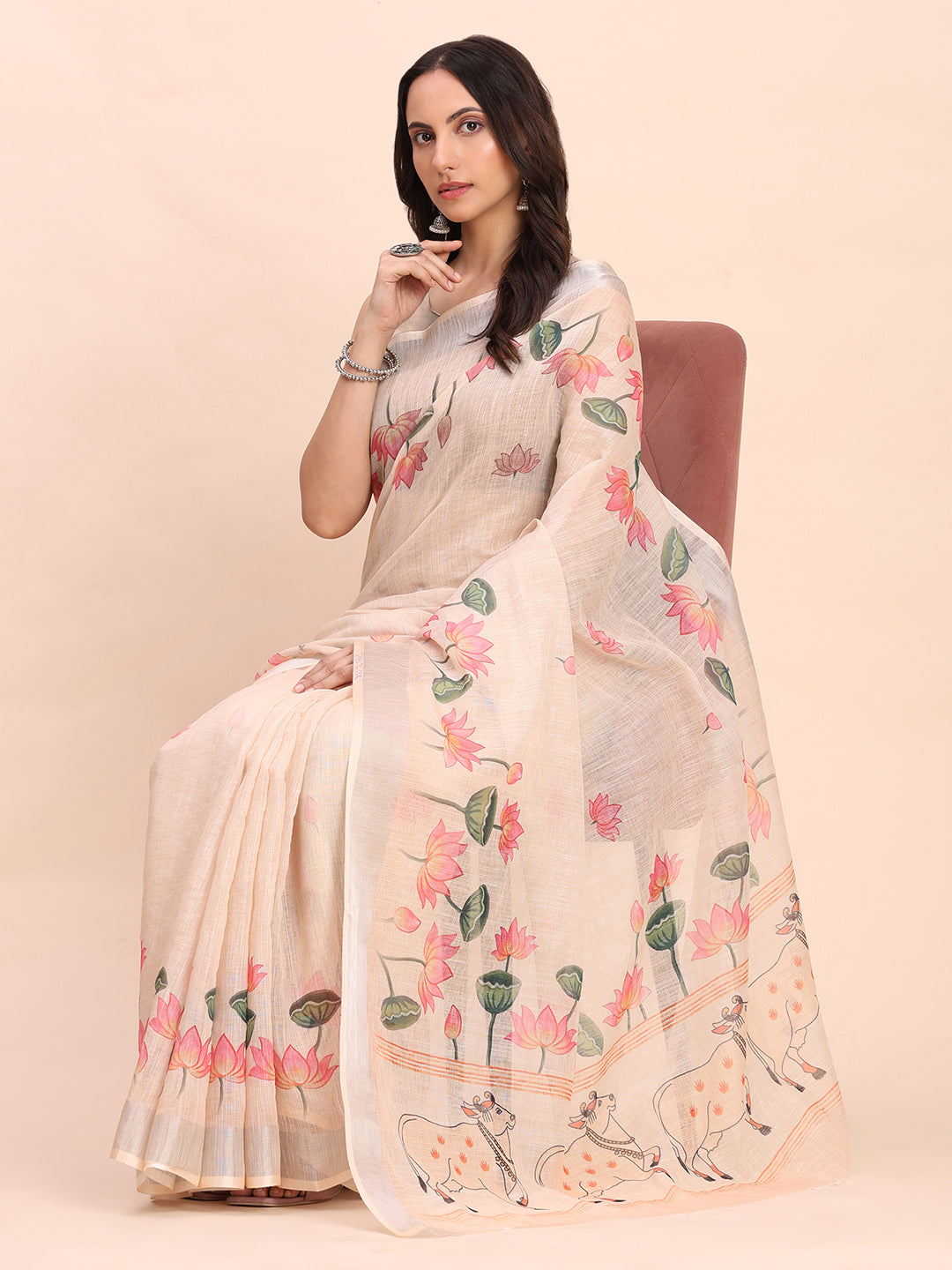 Astita Peach Cotton Cotton Saree with Tribal Floral Print | Bold Ethnic Design | Lightweight Casual & Festive Saree for Women