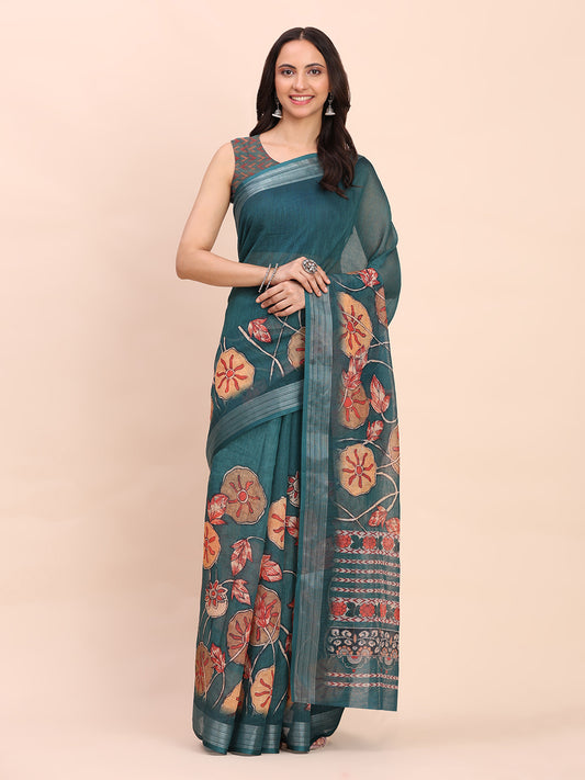 Astita Teal Green Cotton Cotton Saree with Tribal Floral Print | Bold Ethnic Design | Lightweight Casual & Festive Saree for Women