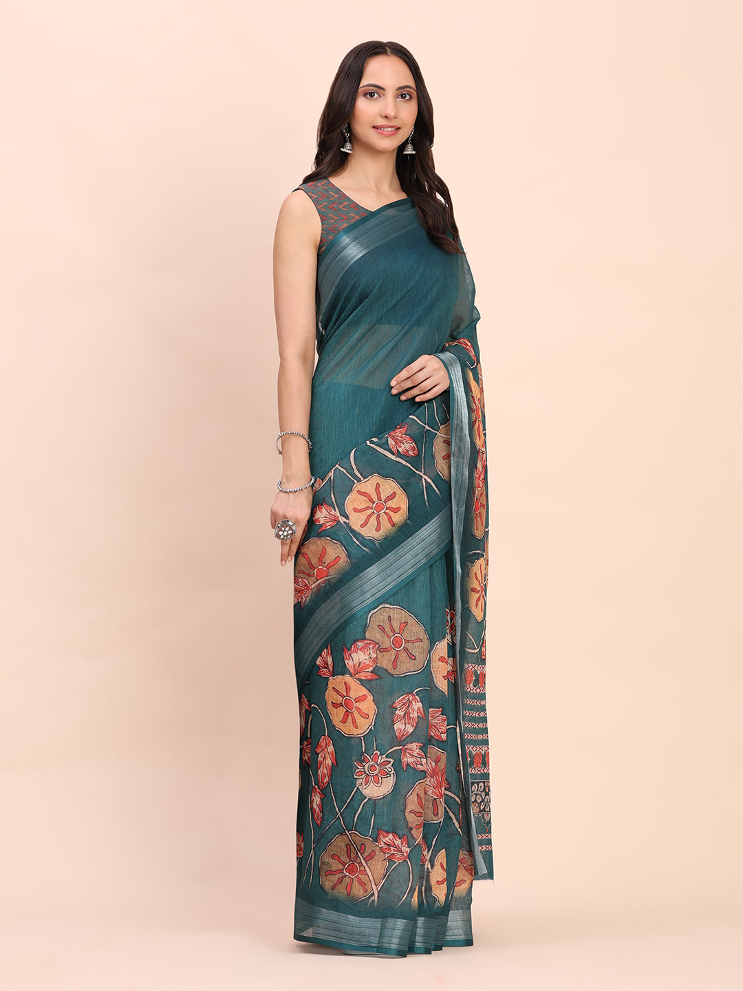 Astita Teal Green Cotton Cotton Saree with Tribal Floral Print | Bold Ethnic Design | Lightweight Casual & Festive Saree for Women