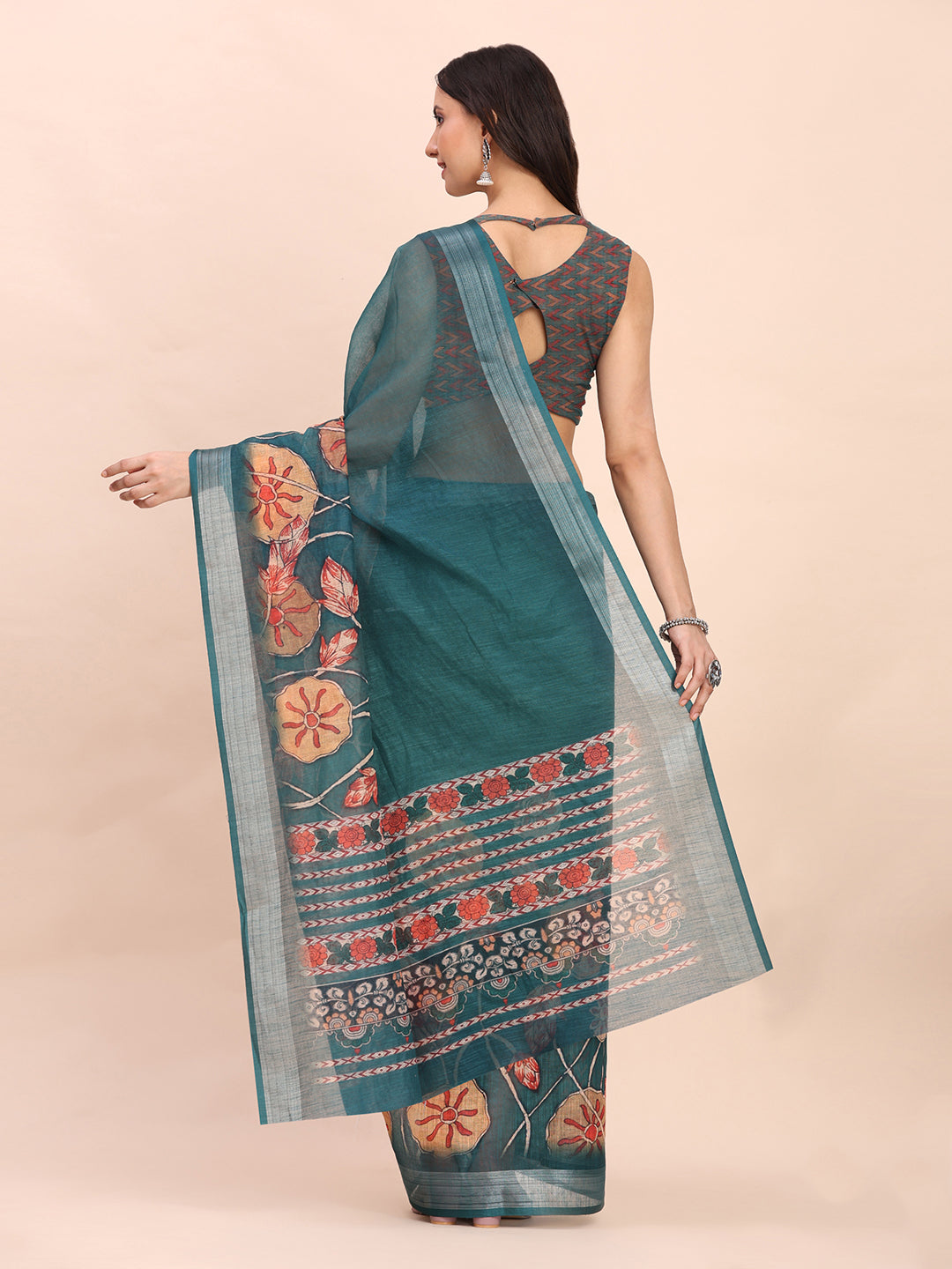 Astita Teal Green Cotton Cotton Saree with Tribal Floral Print | Bold Ethnic Design | Lightweight Casual & Festive Saree for Women