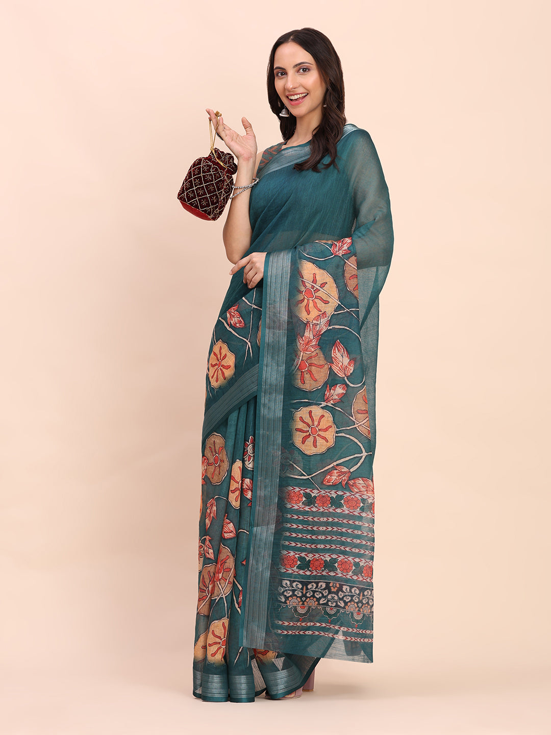 Astita Teal Green Cotton Cotton Saree with Tribal Floral Print | Bold Ethnic Design | Lightweight Casual & Festive Saree for Women