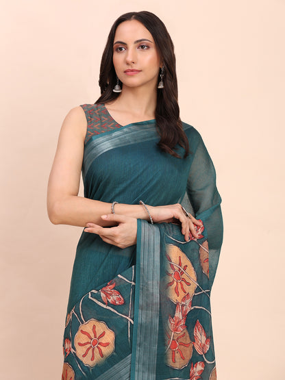 Astita Teal Green Cotton Cotton Saree with Tribal Floral Print | Bold Ethnic Design | Lightweight Casual & Festive Saree for Women