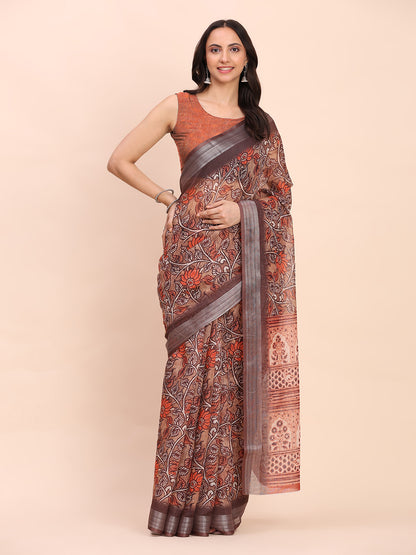 Astita Brown Cotton Cotton Saree with Tribal Floral Print | Bold Ethnic Design | Lightweight Casual & Festive Saree for Women