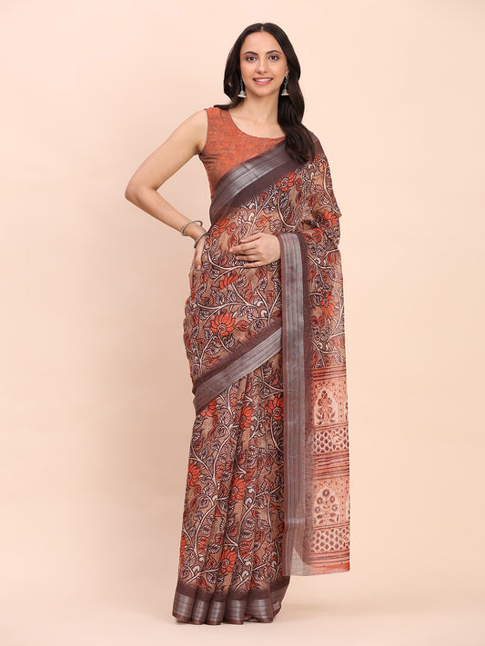 Astita Brown Cotton Cotton Saree with Tribal Floral Print | Bold Ethnic Design | Lightweight Casual & Festive Saree for Women