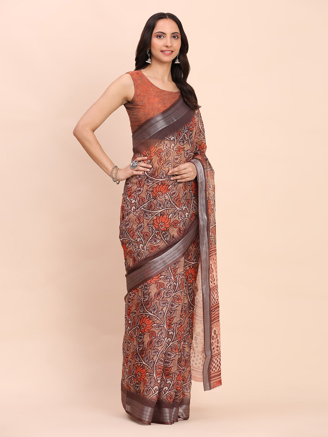 Astita Brown Cotton Cotton Saree with Tribal Floral Print | Bold Ethnic Design | Lightweight Casual & Festive Saree for Women