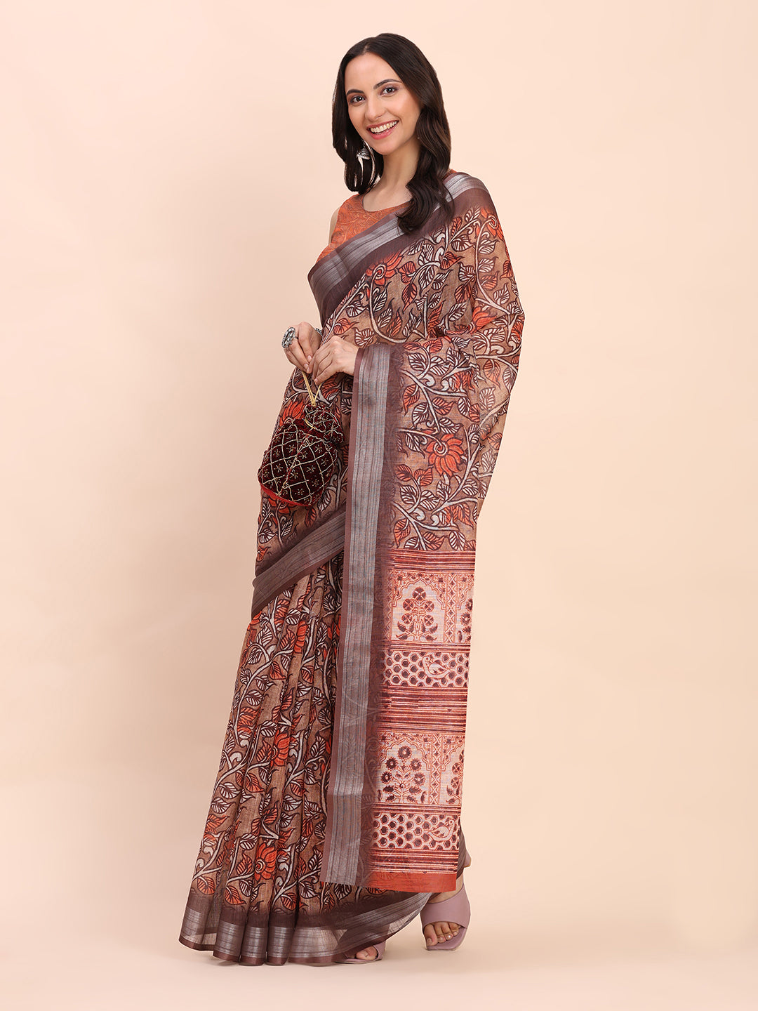 Astita Brown Cotton Cotton Saree with Tribal Floral Print | Bold Ethnic Design | Lightweight Casual & Festive Saree for Women