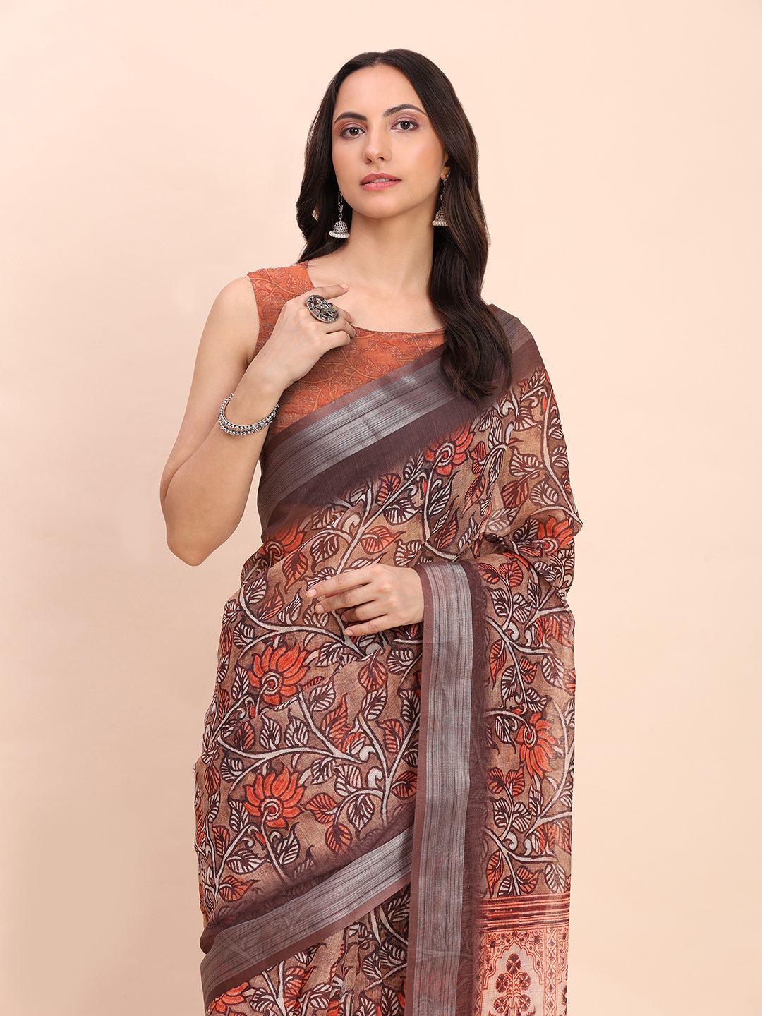 Astita Brown Cotton Cotton Saree with Tribal Floral Print | Bold Ethnic Design | Lightweight Casual & Festive Saree for Women