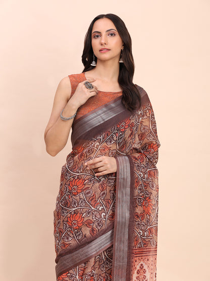 Astita Brown Cotton Cotton Saree with Tribal Floral Print | Bold Ethnic Design | Lightweight Casual & Festive Saree for Women