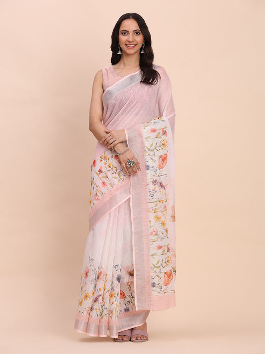 Astita Light Pink Cotton Cotton Saree with Tribal Floral Print | Bold Ethnic Design | Lightweight Casual & Festive Saree for Women