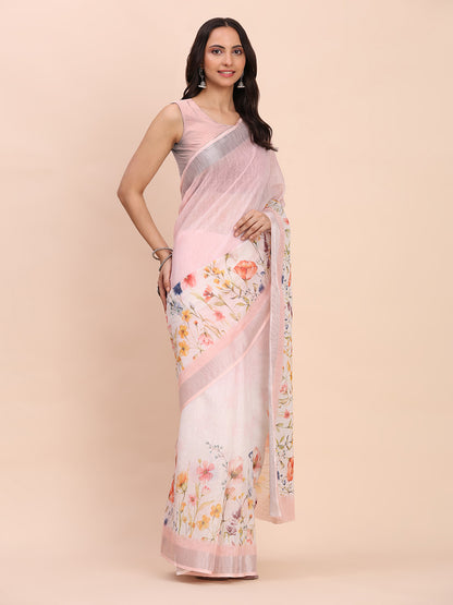 Astita Light Pink Cotton Cotton Saree with Tribal Floral Print | Bold Ethnic Design | Lightweight Casual & Festive Saree for Women