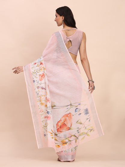 Astita Light Pink Cotton Cotton Saree with Tribal Floral Print | Bold Ethnic Design | Lightweight Casual & Festive Saree for Women