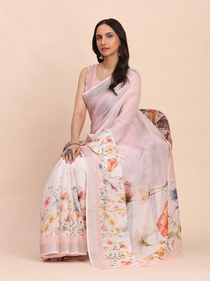 Astita Light Pink Cotton Cotton Saree with Tribal Floral Print | Bold Ethnic Design | Lightweight Casual & Festive Saree for Women
