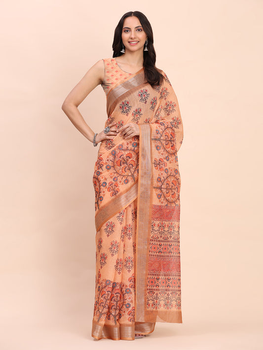 Astita Orange Cotton Cotton Saree with Tribal Floral Print | Bold Ethnic Design | Lightweight Casual & Festive Saree for Women