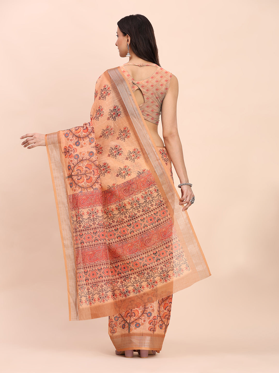 Astita Orange Cotton Cotton Saree with Tribal Floral Print | Bold Ethnic Design | Lightweight Casual & Festive Saree for Women