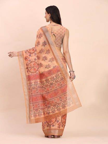 Astita Orange Cotton Cotton Saree with Tribal Floral Print | Bold Ethnic Design | Lightweight Casual & Festive Saree for Women