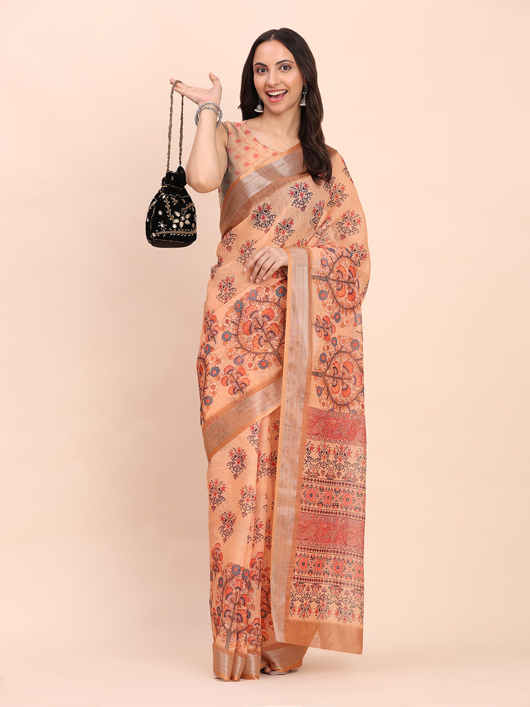 Astita Orange Cotton Cotton Saree with Tribal Floral Print | Bold Ethnic Design | Lightweight Casual & Festive Saree for Women
