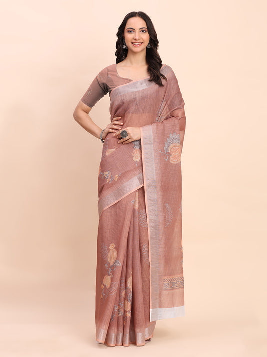 Astita Brown Cotton Cotton Saree with Tribal Floral Print | Bold Ethnic Design | Lightweight Casual & Festive Saree for Women