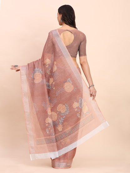 Astita Brown Cotton Cotton Saree with Tribal Floral Print | Bold Ethnic Design | Lightweight Casual & Festive Saree for Women