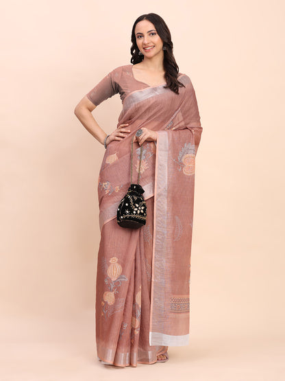 Astita Brown Cotton Cotton Saree with Tribal Floral Print | Bold Ethnic Design | Lightweight Casual & Festive Saree for Women