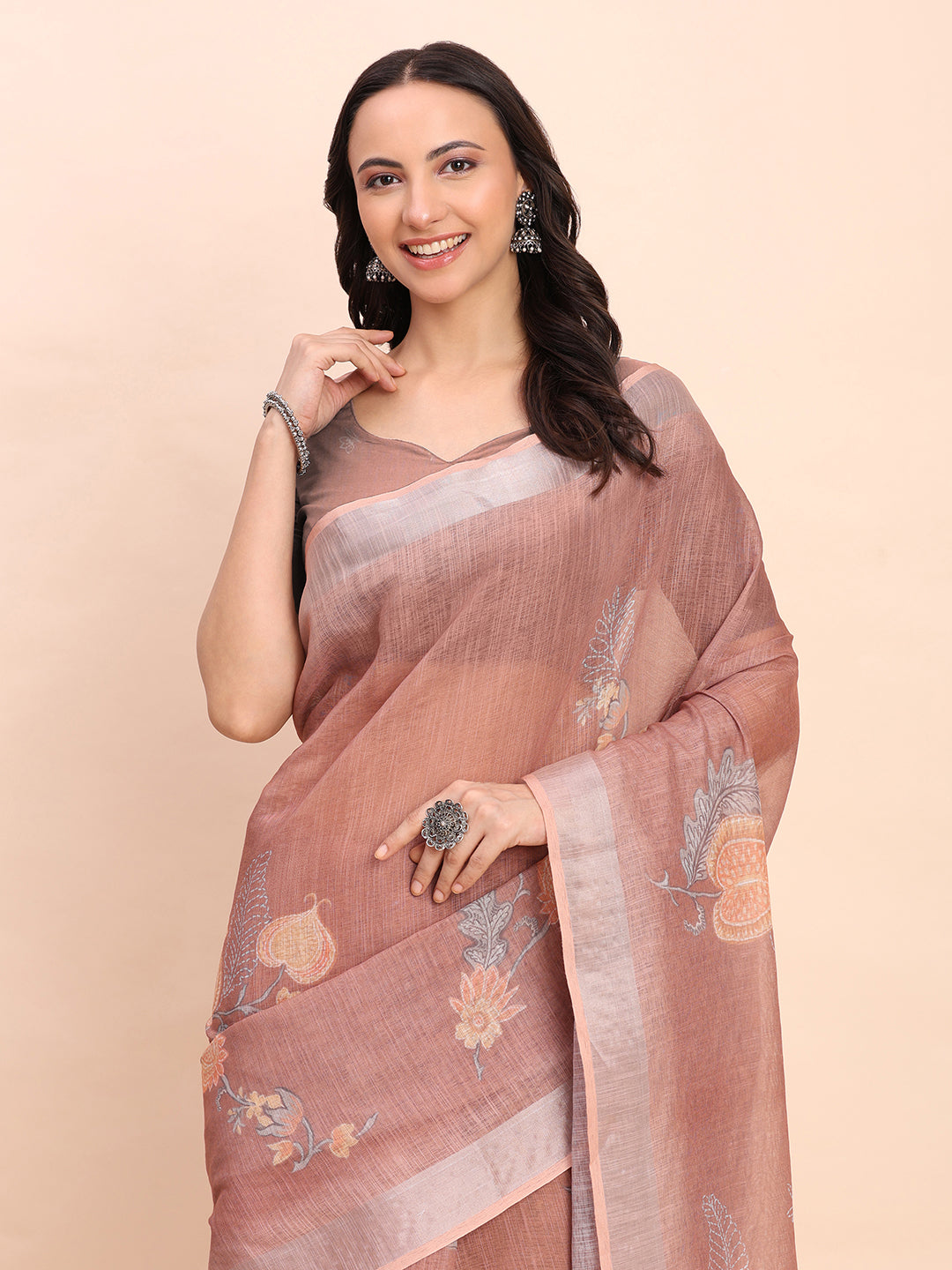 Astita Brown Cotton Cotton Saree with Tribal Floral Print | Bold Ethnic Design | Lightweight Casual & Festive Saree for Women
