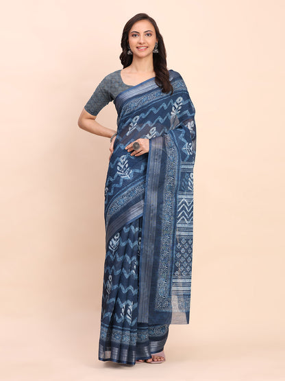 Astita Indigo Blue Cotton Cotton Saree with Tribal Floral Print | Bold Ethnic Design | Lightweight Casual & Festive Saree for Women