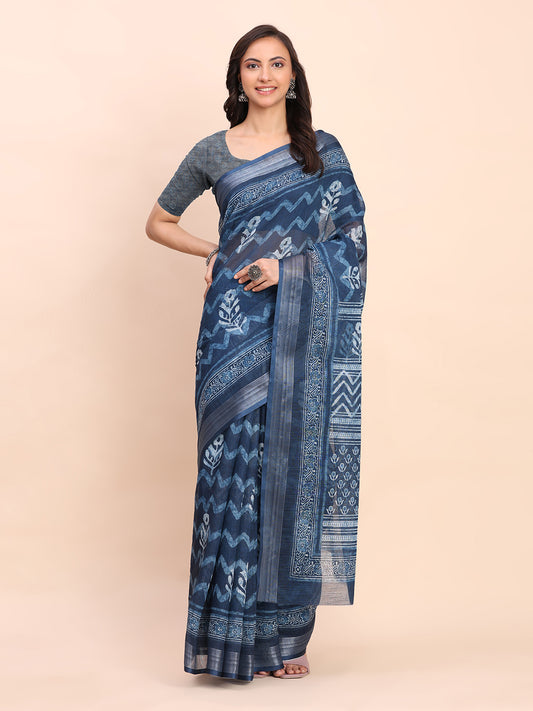 Astita Indigo Blue Cotton Cotton Saree with Tribal Floral Print | Bold Ethnic Design | Lightweight Casual & Festive Saree for Women
