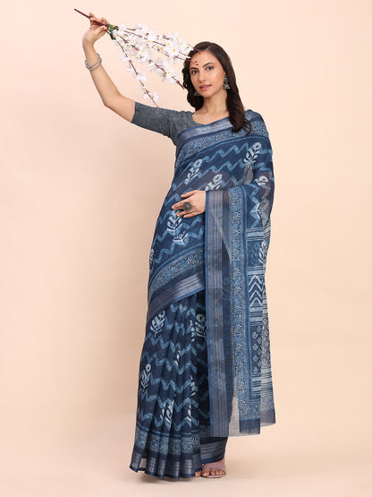 Astita Indigo Blue Cotton Cotton Saree with Tribal Floral Print | Bold Ethnic Design | Lightweight Casual & Festive Saree for Women