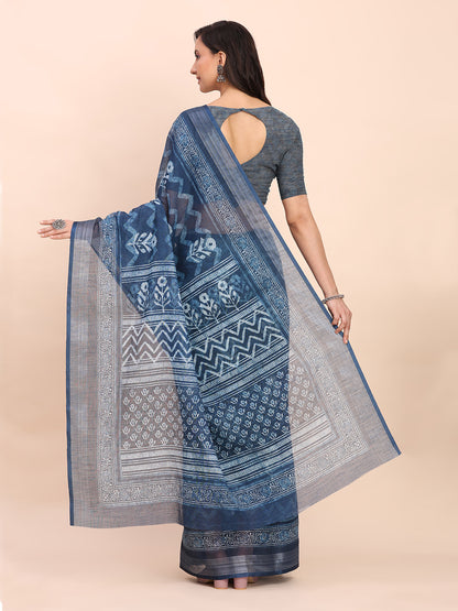 Astita Indigo Blue Cotton Cotton Saree with Tribal Floral Print | Bold Ethnic Design | Lightweight Casual & Festive Saree for Women