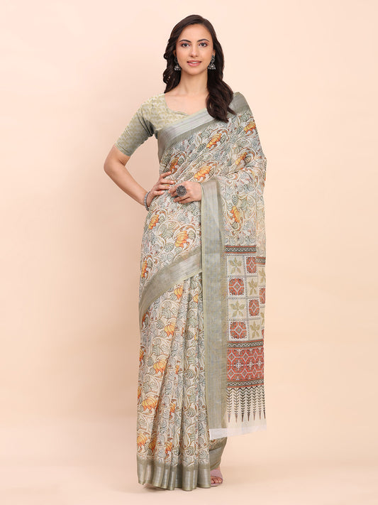 Astita White Cotton Cotton Saree with Tribal Floral Print | Bold Ethnic Design | Lightweight Casual & Festive Saree for Women
