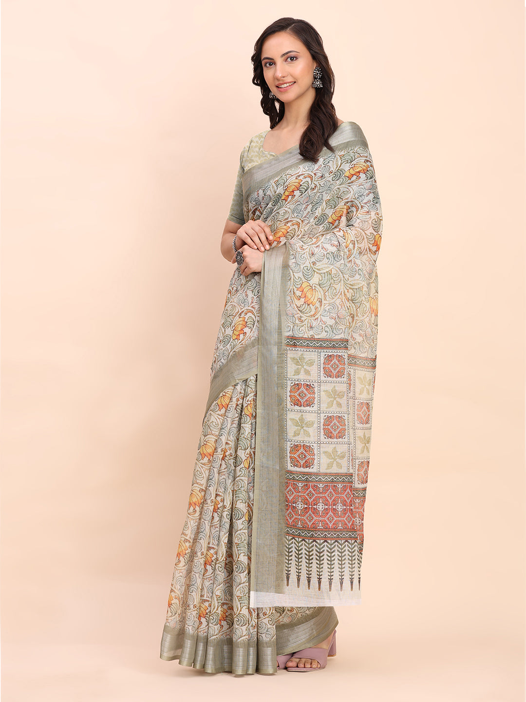 Astita White Cotton Cotton Saree with Tribal Floral Print | Bold Ethnic Design | Lightweight Casual & Festive Saree for Women
