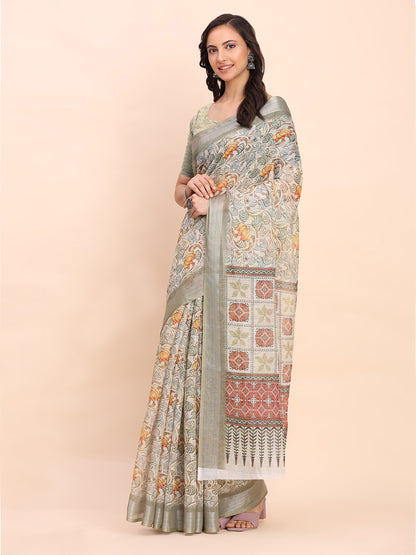 Astita White Cotton Cotton Saree with Tribal Floral Print | Bold Ethnic Design | Lightweight Casual & Festive Saree for Women