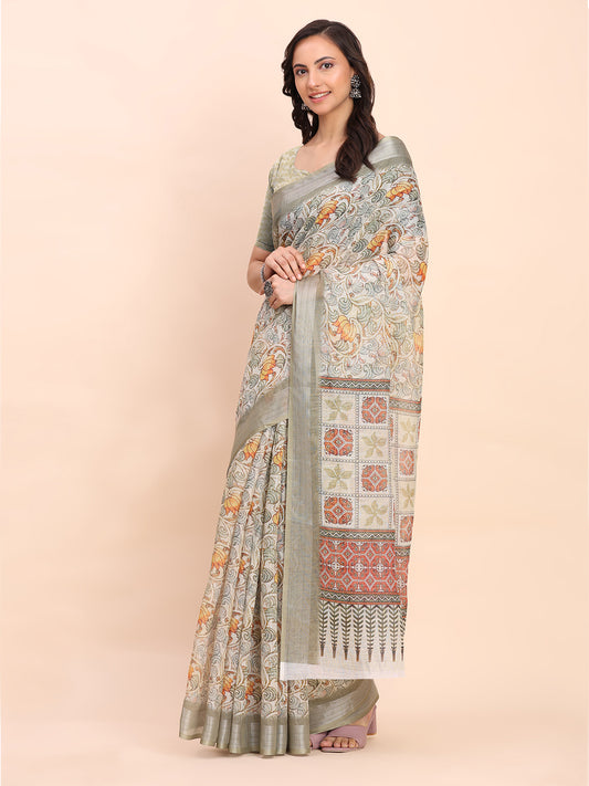 Astita White Cotton Cotton Saree with Tribal Floral Print | Bold Ethnic Design | Lightweight Casual & Festive Saree for Women