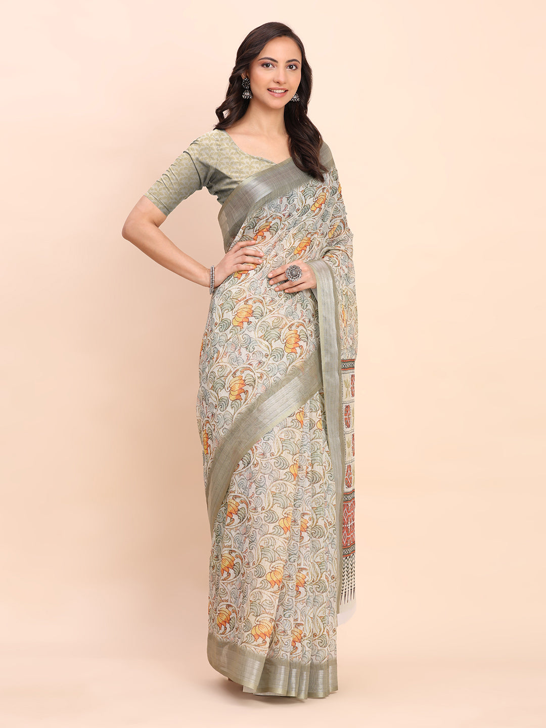 Astita White Cotton Cotton Saree with Tribal Floral Print | Bold Ethnic Design | Lightweight Casual & Festive Saree for Women