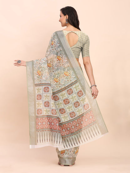 Astita White Cotton Cotton Saree with Tribal Floral Print | Bold Ethnic Design | Lightweight Casual & Festive Saree for Women