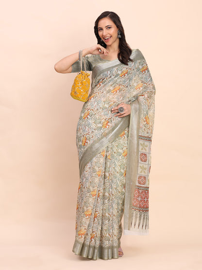 Astita White Cotton Cotton Saree with Tribal Floral Print | Bold Ethnic Design | Lightweight Casual & Festive Saree for Women