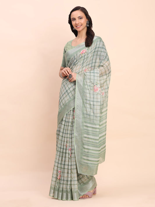 Astita Green Cotton Cotton Saree with Tribal Floral Print | Bold Ethnic Design | Lightweight Casual & Festive Saree for Women