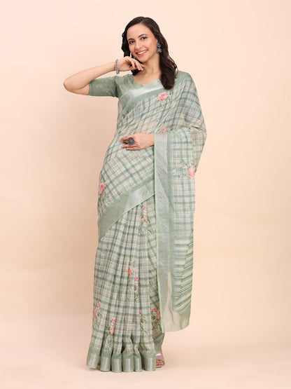 Astita Green Cotton Cotton Saree with Tribal Floral Print | Bold Ethnic Design | Lightweight Casual & Festive Saree for Women