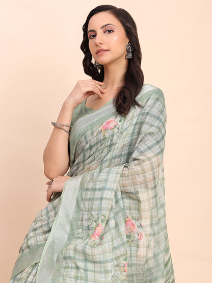 Astita Green Cotton Cotton Saree with Tribal Floral Print | Bold Ethnic Design | Lightweight Casual & Festive Saree for Women