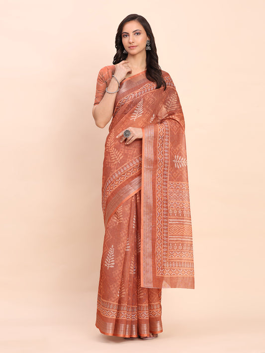 Astita Rust Cotton Cotton Saree with Tribal Floral Print | Bold Ethnic Design | Lightweight Casual & Festive Saree for Women