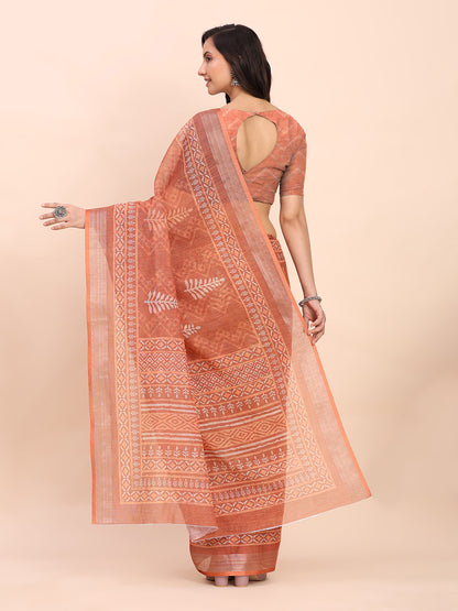 Astita Rust Cotton Cotton Saree with Tribal Floral Print | Bold Ethnic Design | Lightweight Casual & Festive Saree for Women