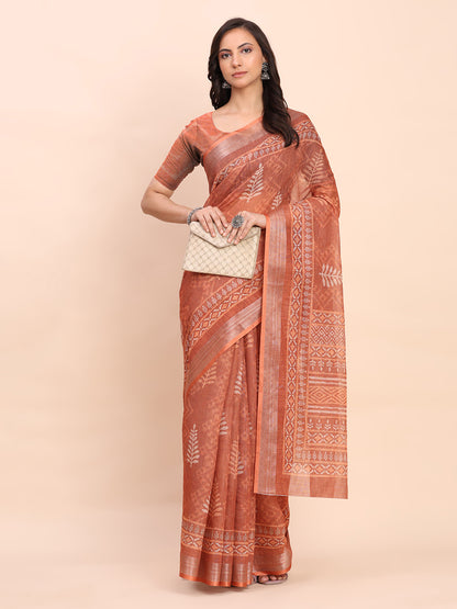 Astita Rust Cotton Cotton Saree with Tribal Floral Print | Bold Ethnic Design | Lightweight Casual & Festive Saree for Women