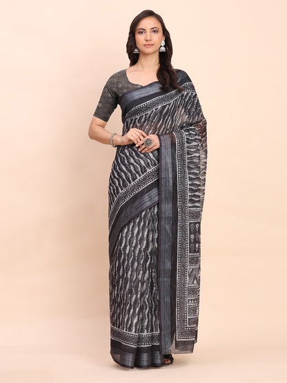 Astita Black Cotton Cotton Saree with Tribal Floral Print | Bold Ethnic Design | Lightweight Casual & Festive Saree for Women