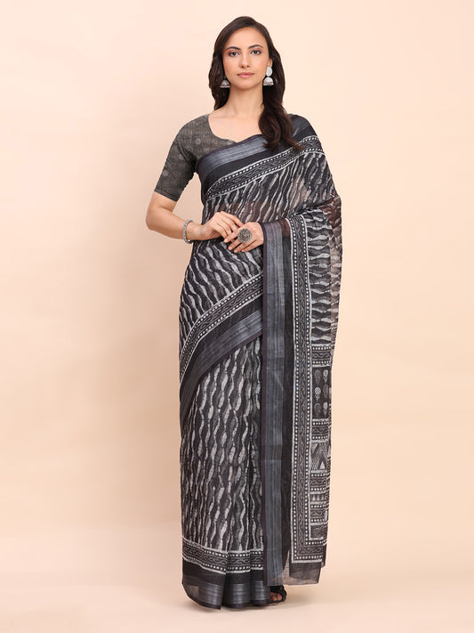 Astita Black Cotton Cotton Saree with Tribal Floral Print | Bold Ethnic Design | Lightweight Casual & Festive Saree for Women