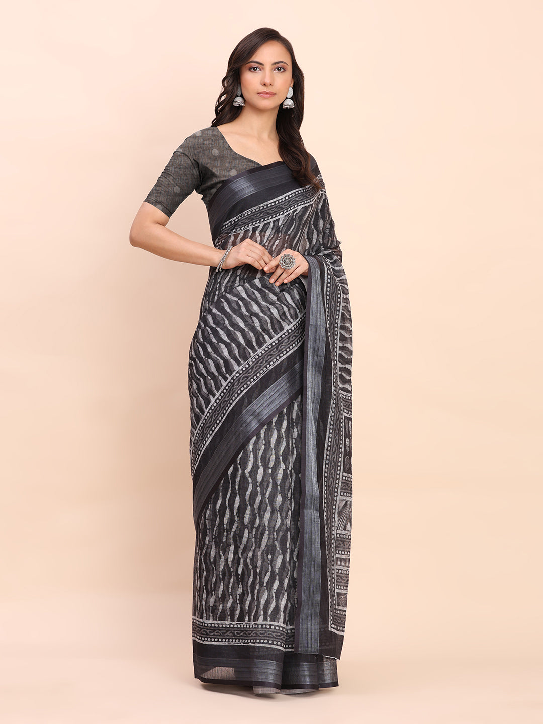 Astita Black Cotton Cotton Saree with Tribal Floral Print | Bold Ethnic Design | Lightweight Casual & Festive Saree for Women