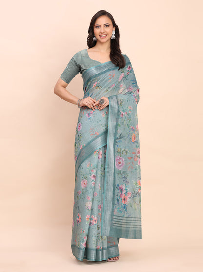 Astita Sea Green Cotton Cotton Saree with Tribal Floral Print | Bold Ethnic Design | Lightweight Casual & Festive Saree for Women