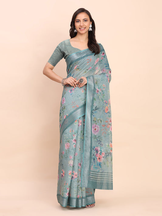 Astita Sea Green Cotton Cotton Saree with Tribal Floral Print | Bold Ethnic Design | Lightweight Casual & Festive Saree for Women